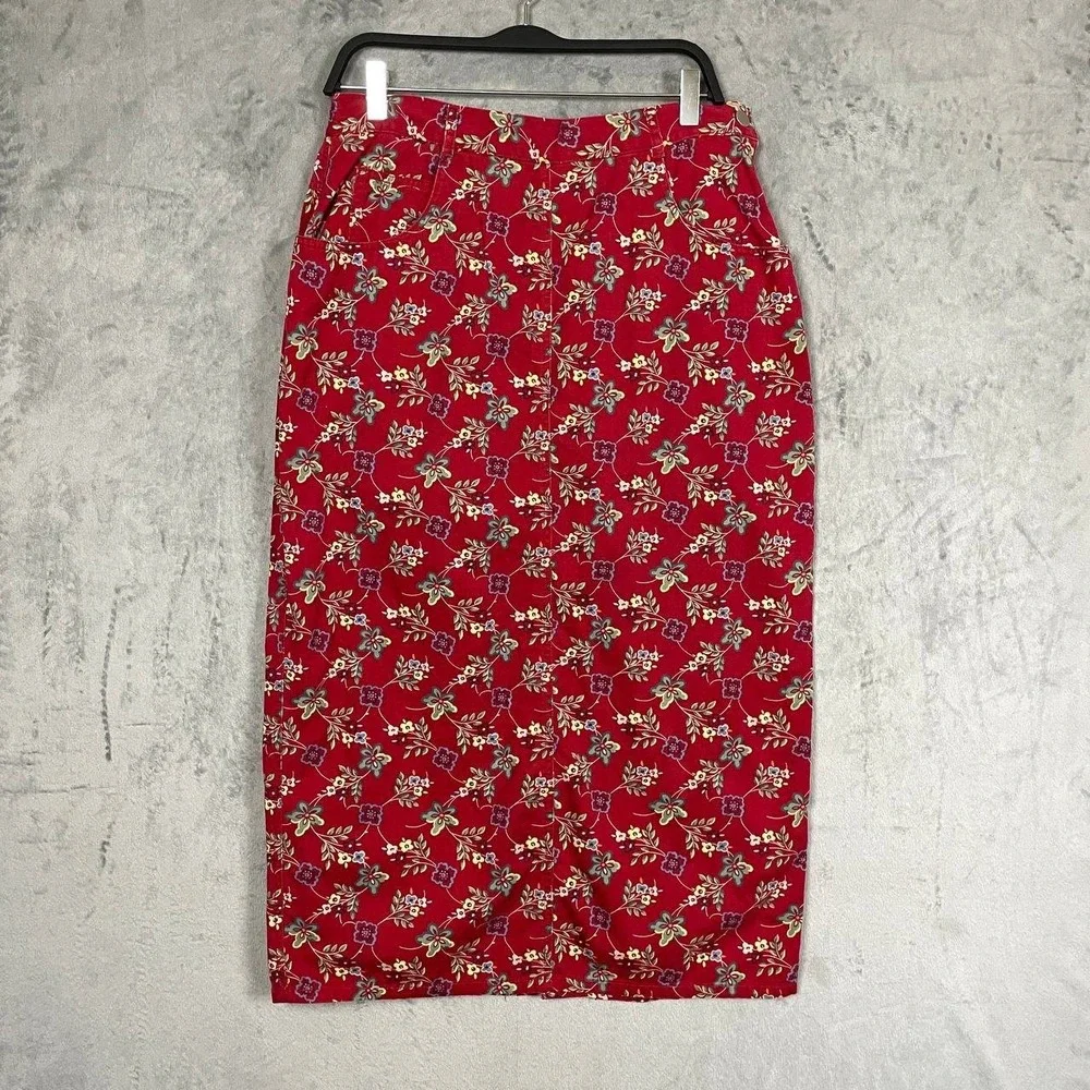 Vintage Red Floral Cotton Pencil Midi Skirt Size 14 Pockets Cottage